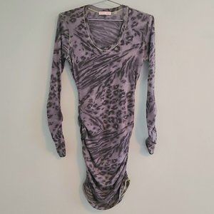 Rebecca Taylor Grey Leopard & Zebra Print Ruched Long Sleeve Bodycon T Dress